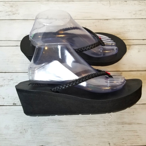 Flojos Shoes - Flojos Hayley Black Woven Thong Wedge Heel Thong Sandal